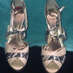 Guess Nude & Snakeskin Print Patent Leather Heels